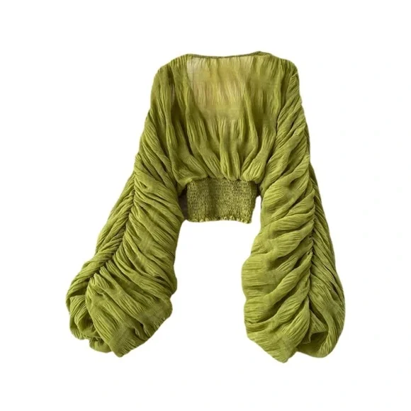 Chartreuse Green Chiffon Long Sleeve Bell Sleeve Top | Brand New | Small - Picture 2 of 9